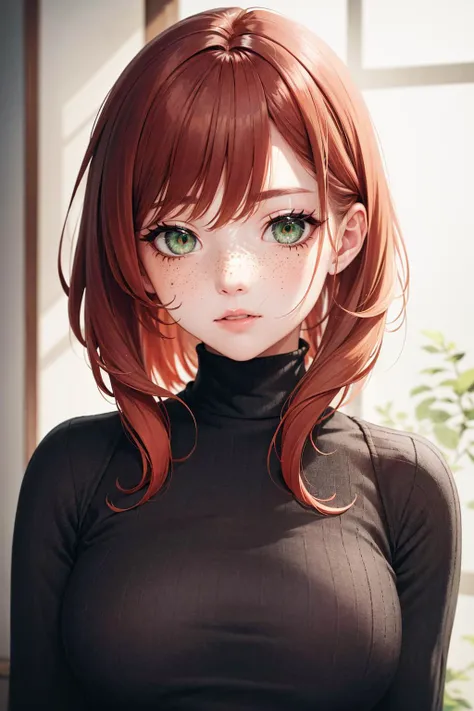 masterpiece, best quality, ultra-detailed, beautiful lighting, 1girl, red hair, green eyes, freckles, turtleneck, looking at viewer