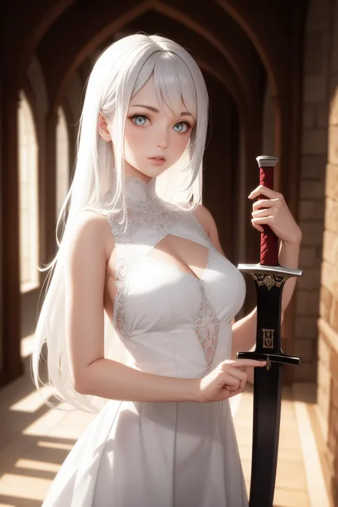 Girl holding medieval sword, showing her upper body, white hair, wearing white fantasy-like dress, high resolution image, (rays of light:0.7), hallway