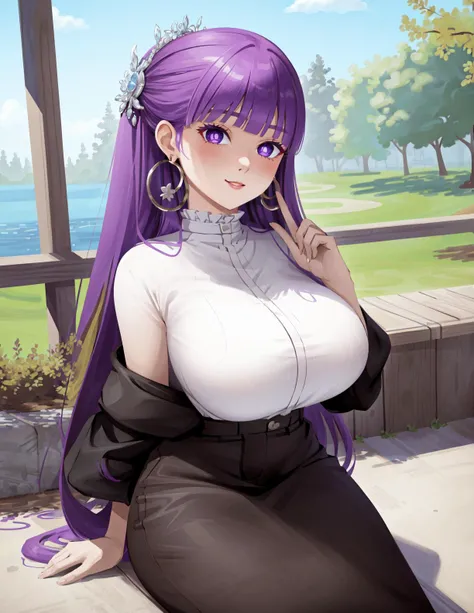 a close up of a woman in a purple dress sitting at a table, oppai, with a large breasts, big breasts!!, big breasts!, with large breasts, seductive anime girl, sfw huge breasts, [ 4 k digital art ]!!, big breasts, breasts covered and sfw, thicc, oppai proportions, beautiful alluring anime woman, large breasts