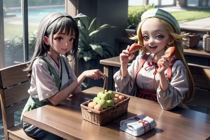 <lora:bianca3:1>, <lora:akebissailoruniform_akebi:1>, <lora:add_detail:1>, <lora:LowRA:0.35>, bianca and akebi komichi are in the dining room, fruit, bottle, food, paper bag, sunlight