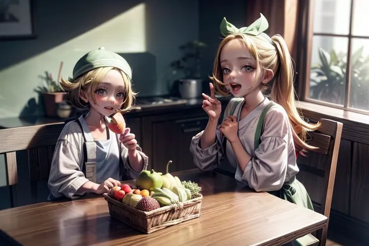 <lora:bianca3:1>, <lora:akebissailoruniform_akebi:1>,  <lora:add_detail:1>, <lora:LowRA:0.35>, bianca and akebi komichi are in the dining room, fruit, bottle, food, paper bag, sunlight