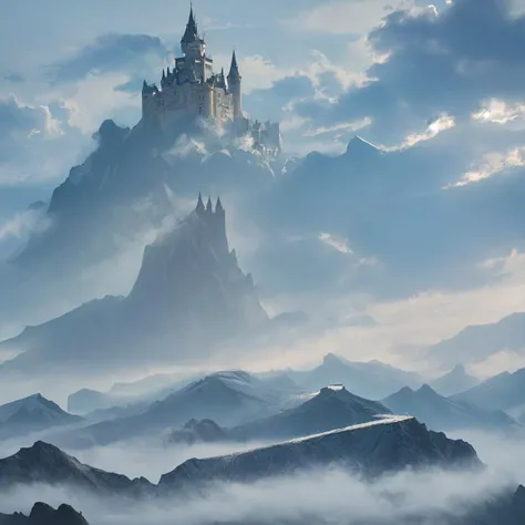 In the realm where clouds cloak the snow-capped peaks of majestic mountains, a grand castle reigns supreme. Atop these towering summits, the fortress stands proudly amidst veils of mist and ethereal wisps.
From afar, the castle appears as if plucked from a dream, its spires reaching towards the heavens, touching the very edge of the sky. Cloaked in the shroud of swirling clouds, it exudes an aura of mystery and grandeur.
Below, the azure sea stretches endlessly, its surface shimmering under the golden rays of the sun. Magical sails glide across the horizon, their billowing forms dancing gracefully upon the clouds as if riding waves of silk.
As the castle watches over its domain, the mountains stand as silent guardians, their peaks crowned with glistening snow, a testament to their eternal strength and resilience. Here, amidst this breathtaking vista, one can't help but feel the enchantment and wonder that permeate every corner of this magical land.