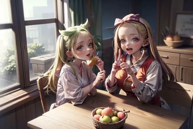 <lora:bianca3:1>, <lora:akebissailoruniform_akebi:1>, <lora:add_detail:1>, <lora:LowRA:0.35>, bianca and akebi komichi are in the dining room, fruit, bottle, food, paper bag, sunlight