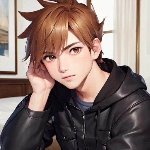 <lora:pokemon_blueoak:1> (masterpiece, best quality:1.2), solo, male focus, 1boy, blue oak, black hood jacket, light brown pants, sitting on bed