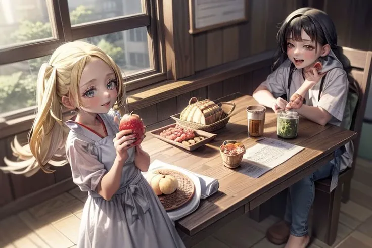<lora:bianca3:1>, <lora:akebissailoruniform_akebi:1>, <lora:add_detail:1>, <lora:LowRA:0.35>, bianca and akebi komichi are in the dining room, fruit, bottle, food, paper bag, sunlight