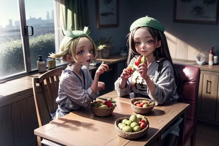 <lora:bianca3:1>, <lora:akebissailoruniform_akebi:1>,  <lora:add_detail:1>, <lora:LowRA:0.35>, bianca and akebi komichi are in the dining room, fruit, bottle, food, paper bag, sunlight