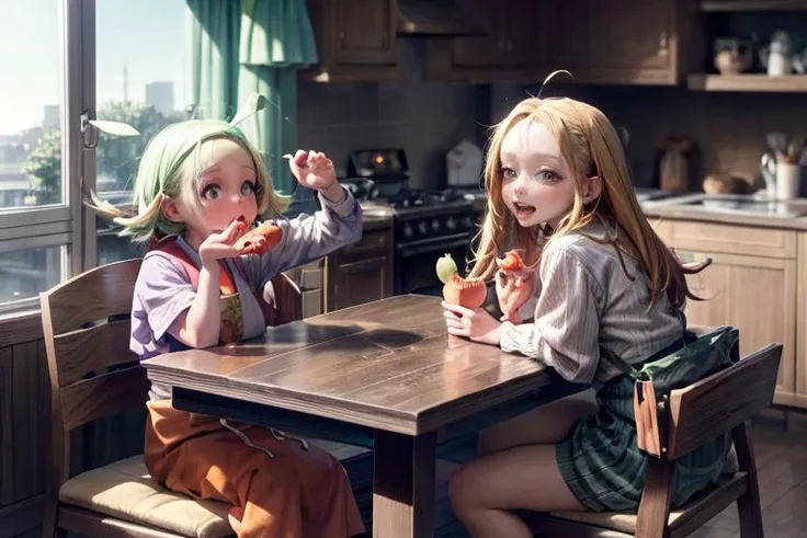 A breakfast at the kitchen table with a beautiful fairy, a squirrel boy, a toasted man, beautiful girls and an elderly chicken. --auto --s2