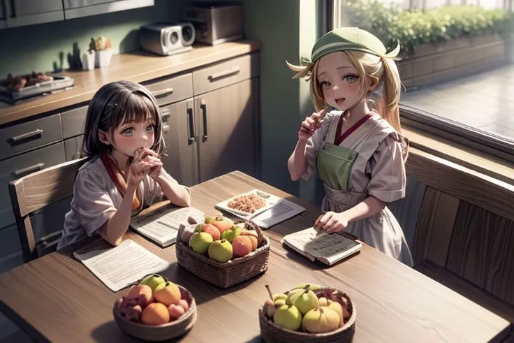 <lora:bianca3:1>, <lora:akebissailoruniform_akebi:1>, <lora:add_detail:1>, <lora:LowRA:0.35>, bianca and akebi komichi are in the dining room, fruit, bottle, food, paper bag, sunlight