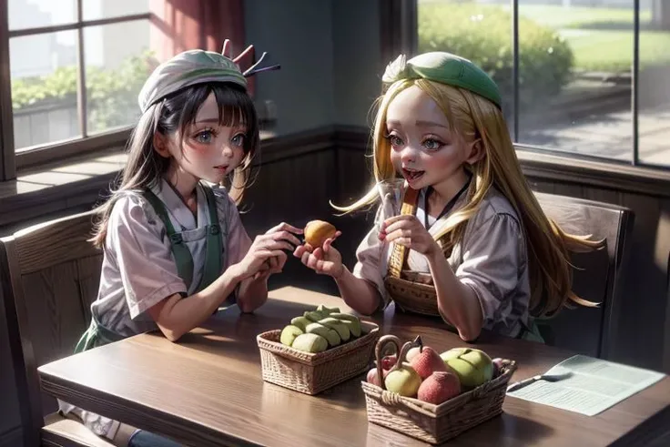 <lora:bianca3:1>, <lora:akebissailoruniform_akebi:1>, <lora:add_detail:1>, <lora:LowRA:0.35>, bianca and akebi komichi are in the dining room, fruit, bottle, food, paper bag, sunlight