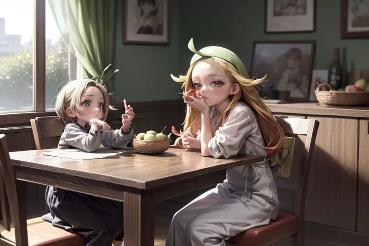 <lora:bianca3:1>, <lora:akebissailoruniform_akebi:1>, <lora:add_detail:1>, <lora:LowRA:0.35>, bianca and akebi komichi are in the dining room, fruit, bottle, food, paper bag, sunlight