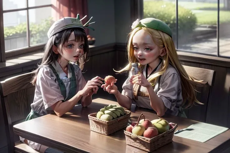 <lora:bianca3:1>, <lora:akebissailoruniform_akebi:1>, <lora:add_detail:1>, <lora:LowRA:0.35>, bianca and akebi komichi are in the dining room, fruit, bottle, food, paper bag, sunlight