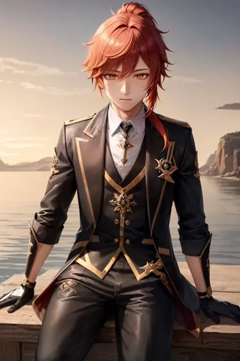 masterpiece, best quality, ultra-detailed, beautiful lighting, 1boy, (diluc \(genshin impact\)), red hair, long hair, ponytail, orange eyes, black and gold collared coat, black pants, black leather boots, black gloves, white vest, outdoors, fantasy