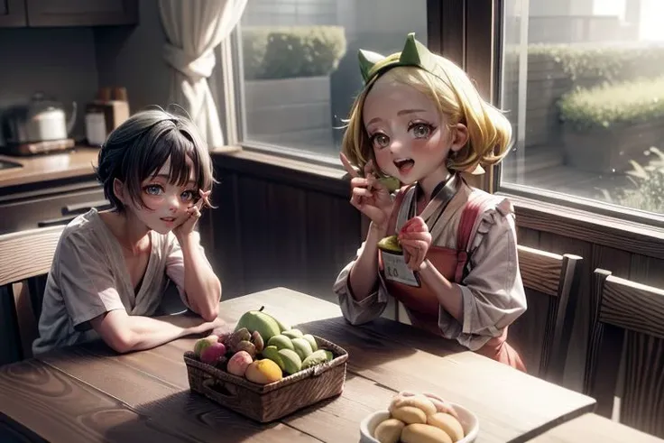<lora:bianca3:1>, <lora:akebissailoruniform_akebi:1>, <lora:add_detail:1>, <lora:LowRA:0.35>, bianca and akebi komichi are in the dining room, fruit, bottle, food, paper bag, sunlight