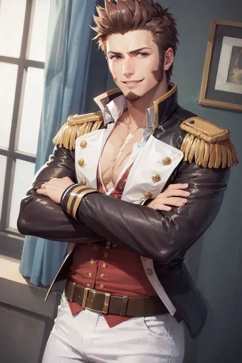 (masterpiece, best quality:1.2), <lora:fate_bonaparte-09:1>, cowboy shot, solo, male focus, 1boy, napoleon bonaparte, muscular male, smile, looking at viewer, crossed arms, open clothes, military uniform, jacket, epaulettes, partially unbuttoned, white pants