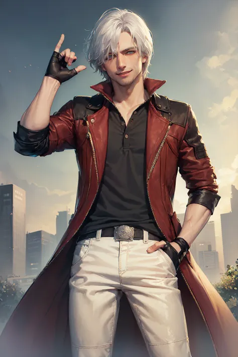 (masterpiece, best quality:1.2), <lora:dmc_dante-09:1>, cowboy shot, solo, male focus, 1boy, dante, smile, looking at viewer, hand in pocket, white hair, open clothes, coat, black pants, (fingerless gloves:1.1), belt