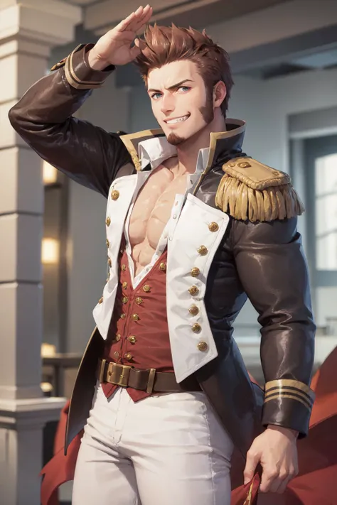 (masterpiece, best quality:1.2), <lora:fate_bonaparte-09:1>, cowboy shot, solo, male focus, 1boy, napoleon bonaparte, muscular male, grin, looking at viewer, salute, open clothes, military uniform, jacket, epaulettes, partially unbuttoned, white pants