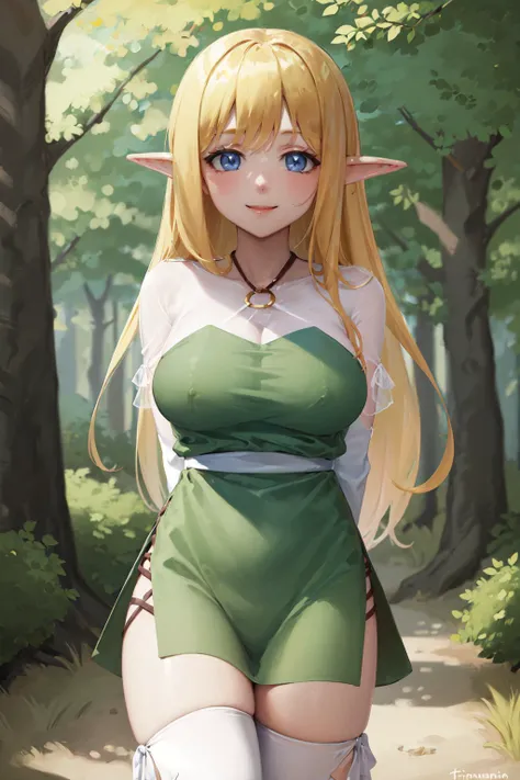 (masterpiece, best quality:1.2), <lora:familiarofzero_westwood-10:1>, cowboy shot, solo, 1girl, tiffania westwood, smile, looking at viewer, arms behind back, halterneck, thighhighs