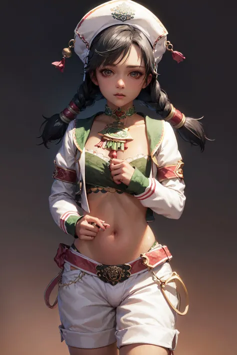 (masterpiece, best quality:1.2), <lora:soulcalibur_talim-10:1>, cowboy shot, solo, 1girl, talim, dark skin, dark-skinned female, expressionless, closed mouth, looking at viewer, twintails, braid, hat, arabian clothes, long sleeves, white shorts, jewelry, midriff