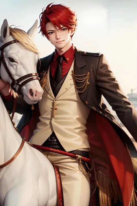 (masterpiece, best quality:1.2), cowboy shot, solo, male focus, 1boy, ushiromiya battler, smile, closed mouth, looking at viewer, red hair, formal, white suit, umineko_ushiromiya, one winged eagle crest on coat, riding a white horse