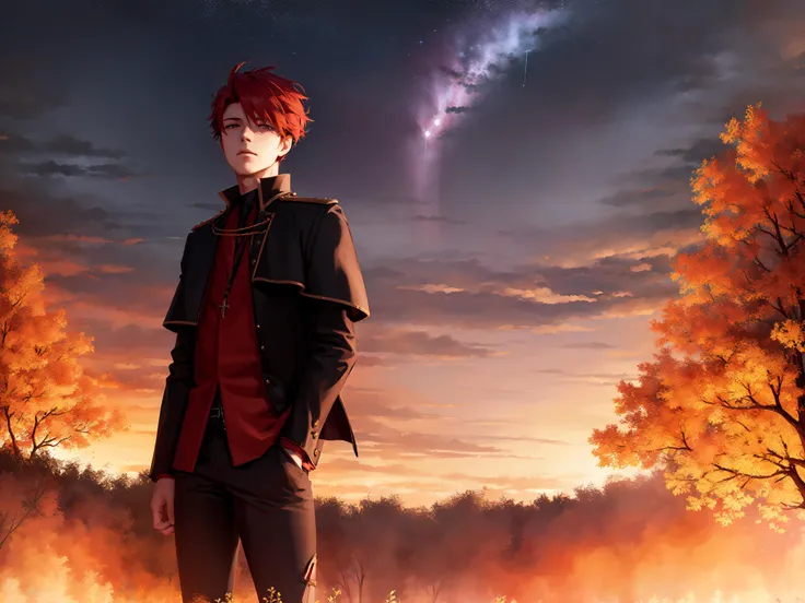 (masterpiece, best quality:1.2), solo, 1boy, ushiromiya battler, closed mouth, red hair, black cape, heavy rain, lightning in background, grassland, night, moon, aurora, hand in pocket, standing, from_above, large land behind, night sky, stars, grass behind burning, wildfire, cinematic shot