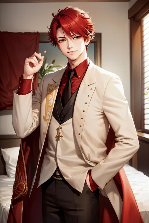 (masterpiece, best quality:1.2), cowboy shot, solo, male focus, 1boy, ushiromiya battler, smile, closed mouth, looking at viewer, red hair, hand in pocket, formal, white suit, umineko_ushiromiya, island, inside mansion, one winged eagle crest on coat