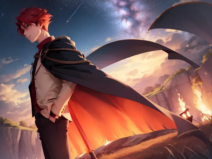 (masterpiece, best quality:1.2), solo, 1boy, ushiromiya battler, closed mouth, red hair, black cape, grassland, night, hand in pocket, standing, from behind, large land behind, night sky, stars, cinematic shot, burning comet in sky, beauful, blue comet_trail,