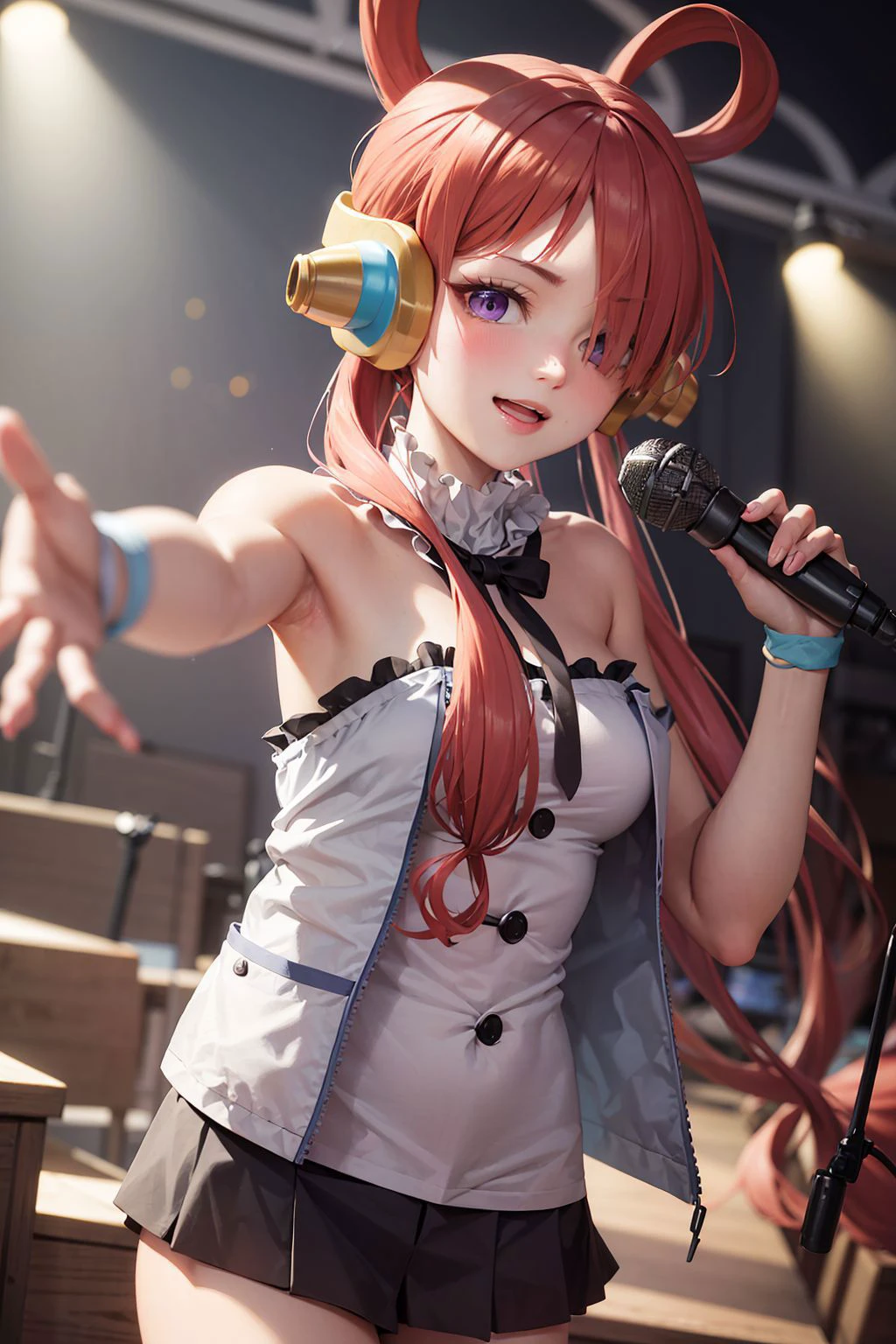 masterpiece, best quality, highres, 1girl, split-color hair, hair over one eye, red hair, multicolored hair, long hair, purple eyes, two-tone hair, hair rings, headphones, white hair, bangs, very long hair, medium breasts, long sleeeves, open jacket, <lora:uta_v1:0.7>, school uniform, on the stage, smile, reaching out, holding microphone, (Strapless:1.2)
