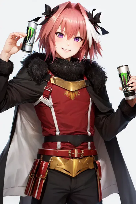 (masterpiece, best quality:1.2), <lyco:aasAstolfoLora_aaAstolfoV4:0.8>, <lyco:HoldingMonsterEnergy:0.5>, solo, male focus, 1boy, astolfo \(fate\), otoko no ko, smile, looking at viewer, HoldingMonsterEnergy, long pink hair, hair intakes, long single braid, streaked hair, purple eyes, fur collar, gorget, white fur-trimmed cloak
