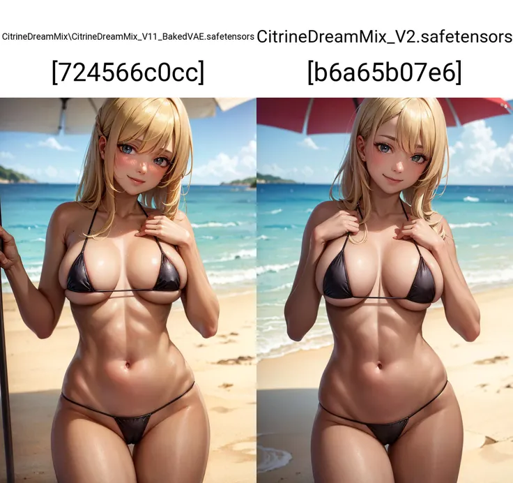 (masterpiece, best quality, absurdres), high quality, highres, ultra detailed, intricate, depth of field, beautiful woman, 1girl, dark skin, tan, blonde hair, smile, micro bikini, beach, looking at viewer