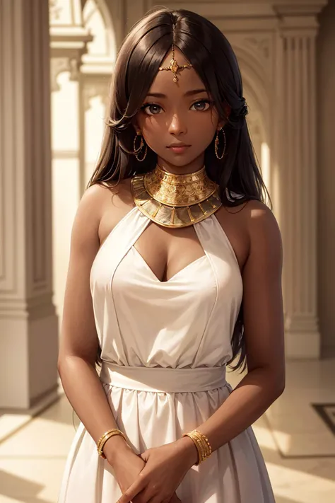 (masterpiece, best quality, absurdres), high quality, highres, ultra detailed, intricate, depth of field, beautiful woman, (dark skin), brown hair, brown eyes, egyptian, white dress, sleeveless dress, plunging neckline, revealing clothes, gold jewelry, looking at viewer, stone, palace, royal