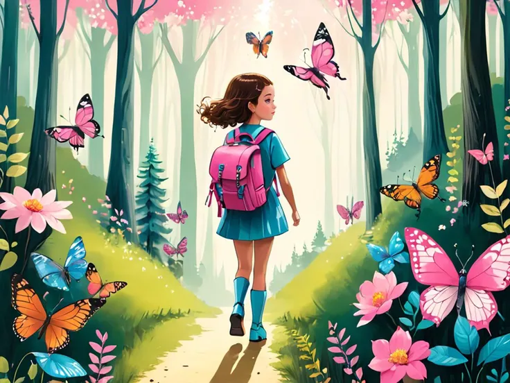 Valley, robot, butterfly, forest, girl carrying a pink backpack
 <lora:picbookXLloraV1:0.6>