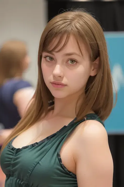 <lora:l1ll14s:1>, highly detailed face, RAW, UHD, 8K, stunning #900C3F simple dress, 0x900C3F, posing at the convention, (upper body:1.2), people in background, candid shot, amateur