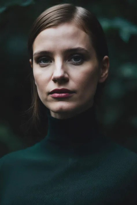 A stunning intricate full color portrait of jcn , wearing a dark green turtleneck, epic character composition, by ilya kuvshinov, alessio albi, nina masic, sharp focus, natural lighting, subsurface scattering, f2, 35mm,<lyco:JessicaChastain-RealVision-V1.0:1.0>