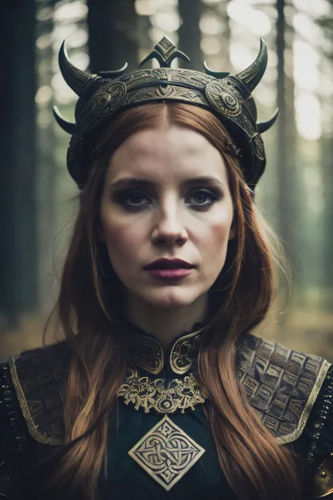 A stunning intricate full color portrait of jcn , dressed as viking queen, epic character composition, by ilya kuvshinov, alessio albi, nina masic, sharp focus, natural lighting, subsurface scattering, f2, 35mm,<lyco:JessicaChastain-RealVision-V1.0:1.0>