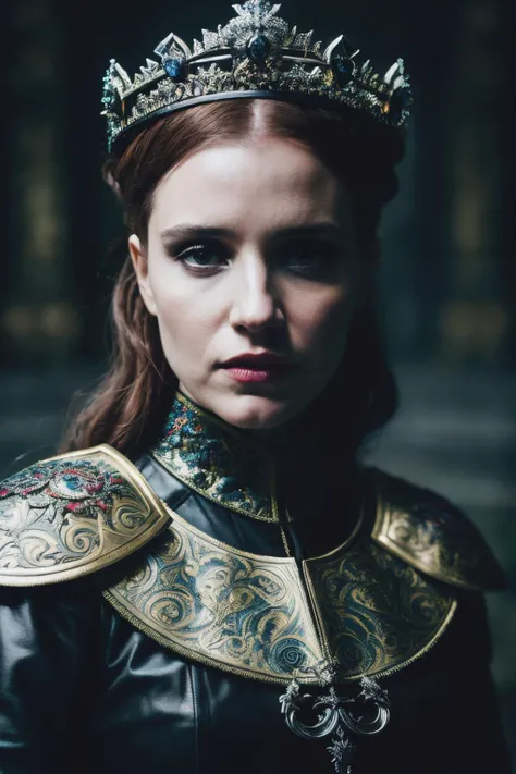 A stunning intricate full color portrait of jcn , dressed as game of thrones queen, epic character composition, by ilya kuvshinov, alessio albi, nina masic, sharp focus, natural lighting, subsurface scattering, f2, 35mm,<lyco:JessicaChastain-RealVision-V1.0:1.0>