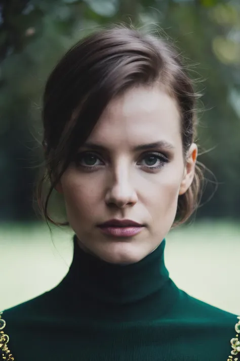 A stunning intricate full color portrait of jcn , wearing a dark green turtleneck, epic character composition, by ilya kuvshinov, alessio albi, nina masic, sharp focus, natural lighting, subsurface scattering, f2, 35mm,<lyco:JessicaChastain-RealVision-V1.0:1.0>