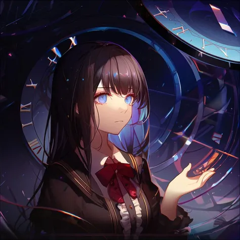 ((illustration)), ((floating hair)), ((chromatic aberration)), ((caustic)), lens flare, dynamic angle, ((portrait)), (1 girl), style-v1,((solo)), cute face, ((hidden hands)), asymmetrical bangs, (beautiful detailed eyes), eye shadow, ((huge clocks)), ((glass strips)), (floating glass fragments), ((colorful refraction)), (beautiful detailed sky), ((dark intense shadows)), ((cinematic lighting)), ((overexposure)), (expressionless), blank stare, big top sleeves, ((frills)), hair_ornament, ribbons, bowties, buttons, (((small breast))), pleated skirt, ((sharp focus)), ((masterpiece)), (((best quality))), ((extremely detailed)), colorful, hdr
 <lora:style-loha:0.9>