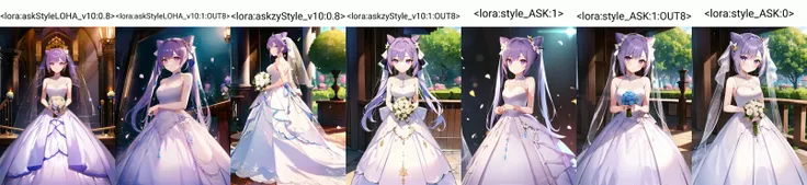 1girl, from below, standing, looking at viewer
<lora:keqingGenshinImpact3in1_v10:0.6:MIDD>keqing (genshin impact), hair bun, purple hair, twintails, purple eyes, diamond-shaped pupils, hair ornament, cone hair bun, long hair, double bun, bangs, bow, hair flower, hair bow, hair ribbon
(white wedding dress:1.3), wedding ring, bridal veil, white dress, white gown, very long dress,
<lora:askStyleLOHA_v10:0.8>
<lora:askStyleLOHA_v10:0> <lora:askzyStyle_v10:0> <lora:style_ASK:0> <lora:keqingGenshinImpact3in1_v10:0>