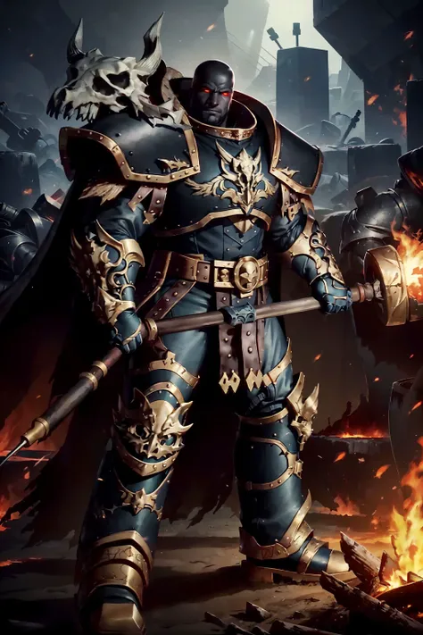 a large black man, extream black realistic skin, a blacksmith standing over a forge, holding a large hammer ready to hit the anvil, fire sparks flying everywhere,a hammer with intricate circuitry ingrained in it,
standing over a blacksmiths forge, fire light and shadow play over his face,
((close up view from head to waist)),
vulkan,holding weapon,red eyes,red glowing eyes, bald,dark-skinned male,shoulder armor,pauldrons,boots,hammer,colored skin,skull,standing,full body,cape,gauntlets,full armor,power armor,chainmail,fangs,monster,holding hammer,breastplate,<lora:Vulkan MK1 by CARAXES:0.6>,