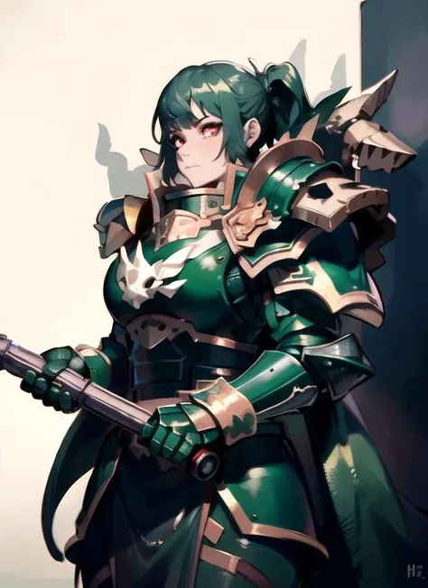 <lora:Vulkan MK1 by CARAXES:0.7>,Vulkan:1,(red eyes:1.3),1girl,light-green hair,ponytail hair,naughty face,wearing dark green (full armor:1.3),bronze armor details:1.5,skull pauldron:1.2,(broad shoulders:1.3),tall,salamander-skull ornaments:1.5,strong jawline,flamethrower:1.5,hammer:1.4,holding hammer,monolith,tombstone,facing_away,from_side,cowboy_shot,, (perfect shadows:1.45),(perfect lighting:1.35),bright,(low-key lighting, dramatic shadows and subtle highlights:1.25),cinematic lighting:1.45,hires,volumetric lighting:1.65,lights and shadows,ab lines:2,(raytracing:1.4),realisitc,(masterpiece:1.2),illustration,8k,4k,ultra high res,(absurdres, highres, ultra detailed,best quality:1.4),(hyper detail:1.2),(intricate details:1.2),(detailes:1.1),detailed face,(detailes:1.1),detailed eyes,perfect eyes,perfect face,detailed body,perfect female anatomy,semi-photorealistic body,,detailed illustration,Highres fix,perfect nose:2.6,highly detailed skin:2.5,