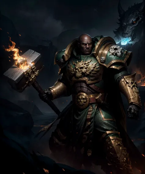 (waist-up, medium shot:1.1), epic photographic action shot of vulkan, wearing dark green (full armor:1.3), bronze armor details, skull pauldron, (broad shoulders:1.3), narrow waist, tall, holding weapon, (holding hammer:1.3), dynamic pose, (fighting stance:1.2), salamander-skull ornaments, dark-skinned (african:1.2) male, (warrior:1.1), detailed face, hypermasculine, (strong jawline:1.1), glowing eyes, shaved head, (angry, menacing:1.2), detailed symmetric eyes, realistic dark skin texture.
action scene, outdoors battle scene, fantasy, dramatic lighting, subsurface scattering, lava, fire, (extremely detailed, 8k), high detail, dramatic, dynamic composition, cinematic lighting, accent lighting, epic, metal reflections, (depth depth of field, bokeh:1.2),
(absurdres, high quality, highres, best quality:1.3), golden ratio composition, rule of thirds, cinematic,
<lora:more_details:0.5> <lora:Vulkan MK1 by CARAXES:0.65>