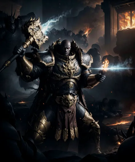 (waist-up, medium shot:1.1), epic photographic action shot of vulkan, wearing (full armor:1.3), gold armor details, skull pauldron, (broad shoulders:1.3), narrow waist, tall, holding weapon, (holding hammer:1.3), dynamic pose, (fighting stance:1.2), salamander-skull ornaments, dark-skinned male, warrior, detailed face, hypermasculine, strong jawline, glowing eyes, shaved head, (angry, menacing:1.2), detailed symmetric eyes, realistic dark skin texture.
action scene, outdoors battle scene, fantasy, dramatic lighting, subsurface scattering, lava, fire, (extremely detailed, 8k), high detail, dramatic, dynamic composition, cinematic lighting, accent lighting, epic, metal reflections, (depth depth of field, bokeh:1.2),
(absurdres, high quality, highres, best quality:1.3), golden ratio composition, rule of thirds, cinematic,
<lora:more_details:0.5> <lora:Vulkan MK1 by CARAXES:0.6>