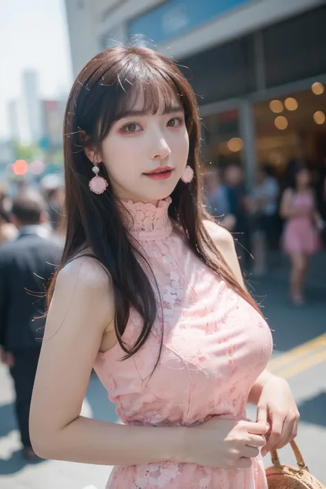 best quality,masterpiece,realistic,HDR,UHD,8K,Highly detailed,8k, 1girl, (huge breasts), day, bright, outdoor, (street:0.8), (people, crowds:1), (lace-trimmed dress:1.5, pink clothes:1.5, pink high-neck dress:1.5, sleeveless dress, pink dress: 1.5), gorgeous, (medium hair), beautiful detailed sky, beautiful earrings, (dynamic pose:0.8), (upper body:1.2), soft lighting, wind, shiny skin, looking at viewer, <lora:Couleur:0.6>
