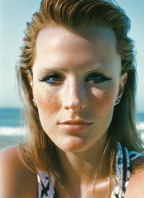 analog style, modelshoot style, photo of beautiful sks woman, hyper realistic photograph, detailed face,film grain, Kodak portra 800, f1.8, intricate, at the beach, <lora:locon_v_v1_from_v2_64_32:1.3>