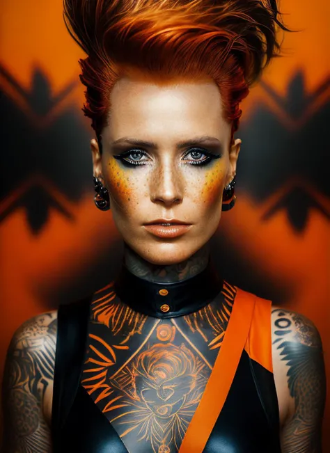 portrait of sks woman by Flora Borsi, style by Flora Borsi, bold, bright colours, orange Mohawk haircut, ((Flora Borsi)), <lora:locon_v_v1_from_v2_64_32:1.3>