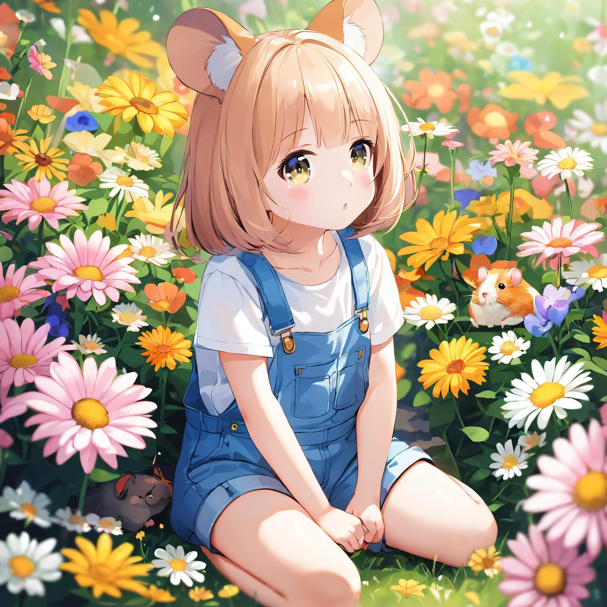 little girl wearing overalls and shirt with hamster ears sitting among flowers