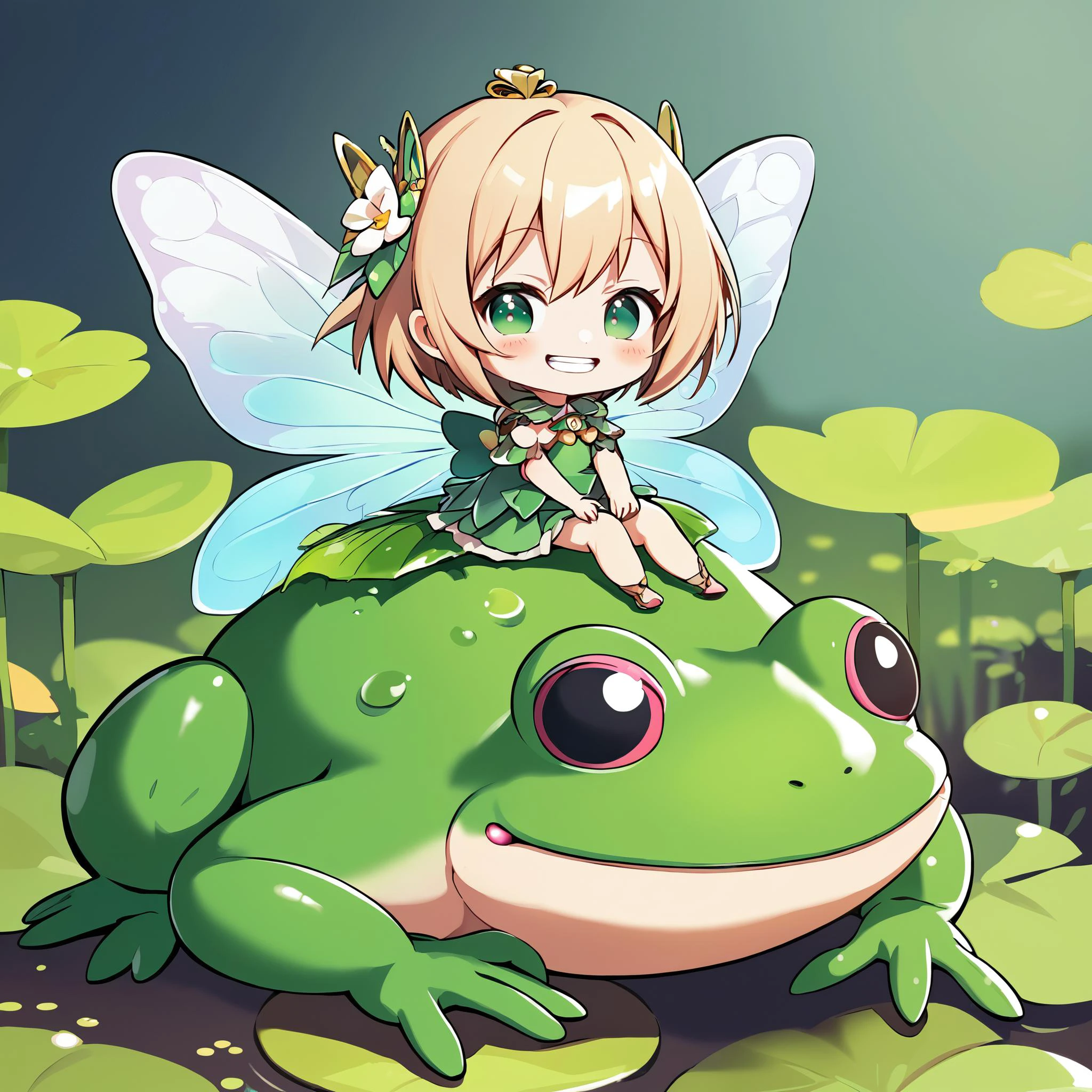 chibi girl fairy sitting on a frog, grin,