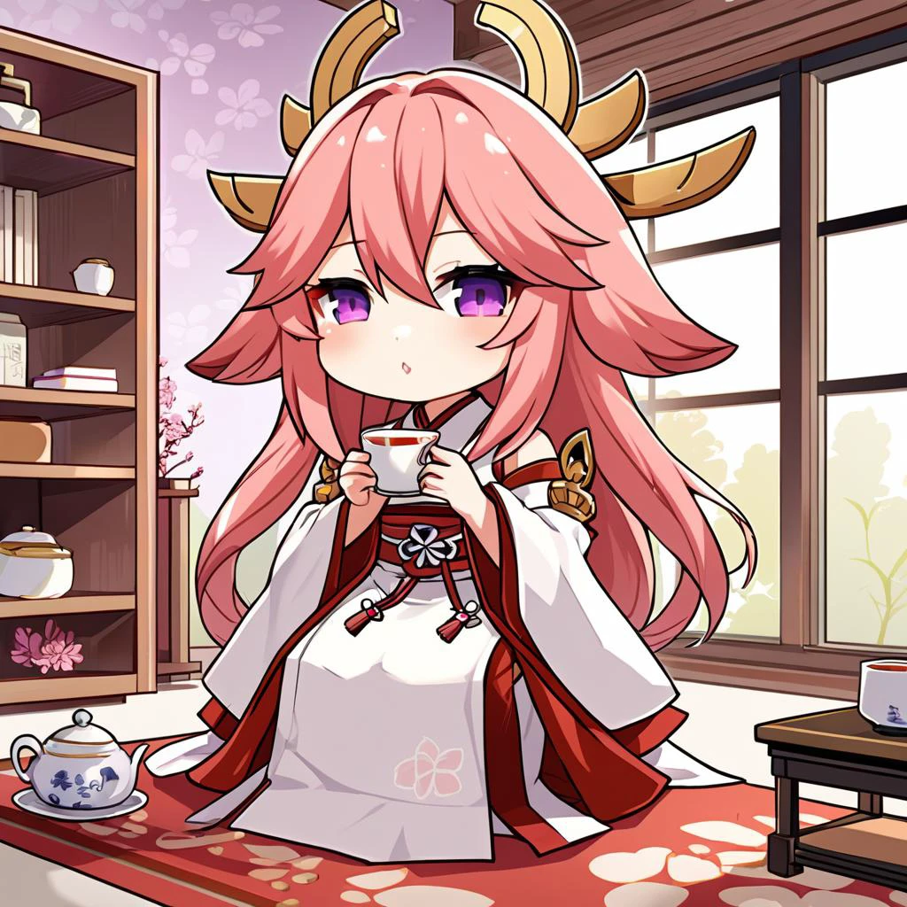 chibi yae miko, sipping tea, living room background,