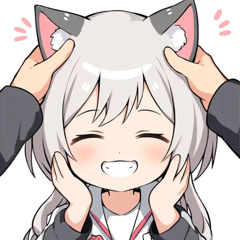 chibi girl with cat ears, grin, headpat, hand on her head, pov