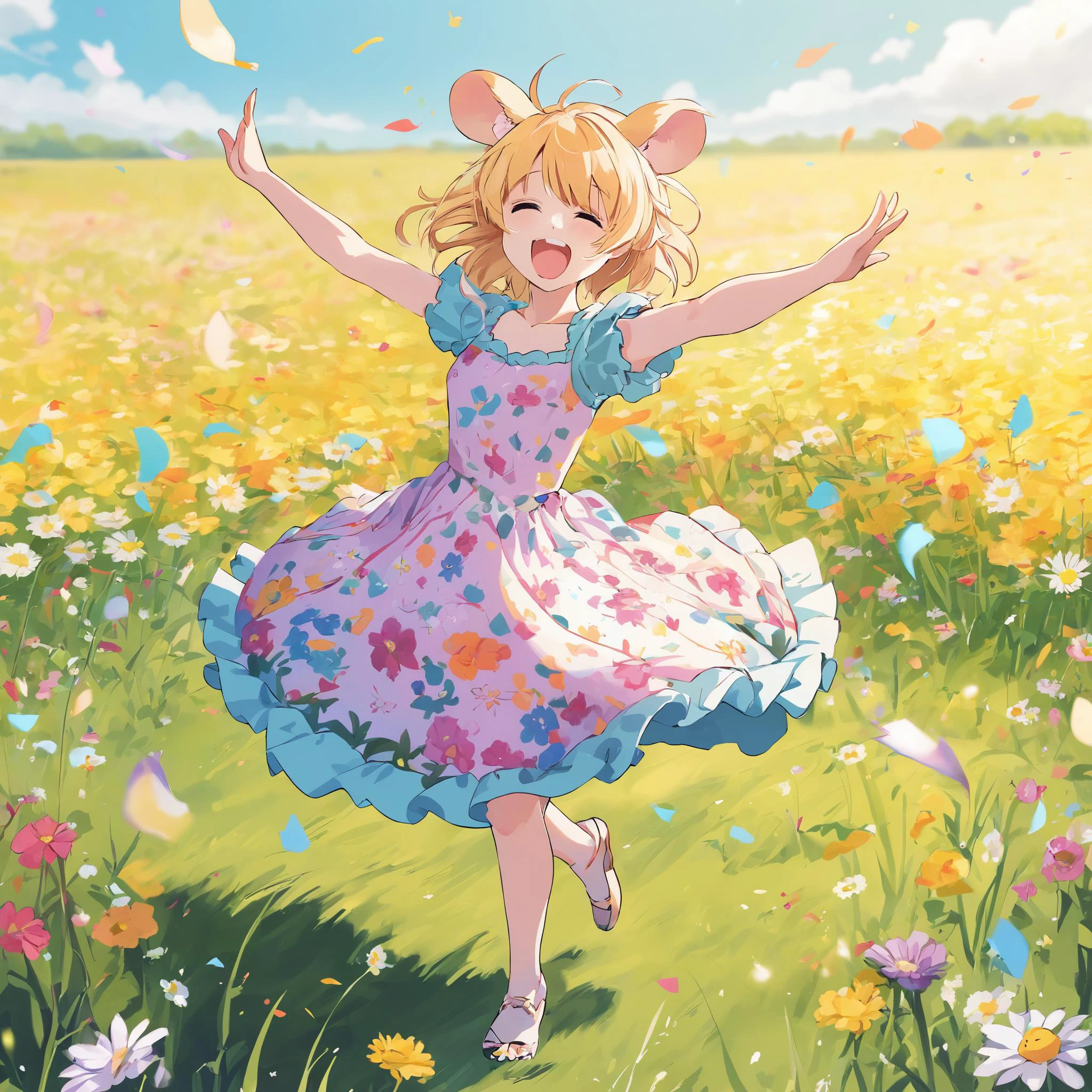 girl wearing a flowery dress with blonde hair and hamster ears dancing in a field